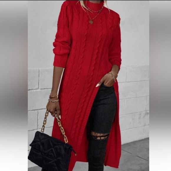 Sweaters - Luxe red high neck cable knit slit thigh sweater top